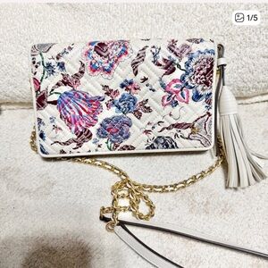 Tory Burch Cream Quilted Crossbody with Multicolor Floral Print